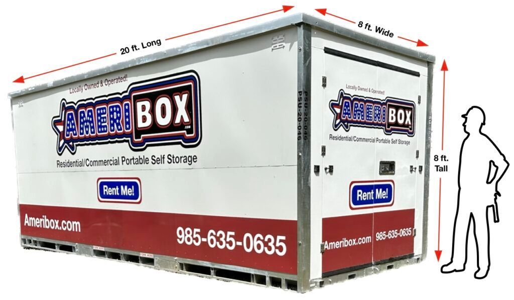 A picture of a portable storage rental with measurements on the sides to show the size.