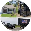 A collage of pictures of a house , a dumpster , and a truck.